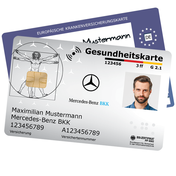 Vorder- und Rückseite der elektronischen Gesundheitskarte der Mercedes-Benz BKK