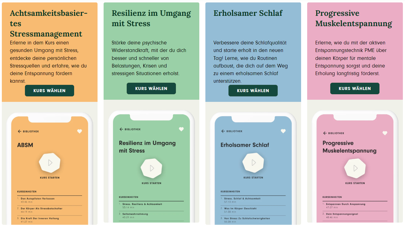 Die Arten der 7Mind Präventionskursen in einer Grafik aufgelistet.